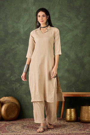 Cream Woven Cotton Blend Kurti Pant Set (ACA5456)