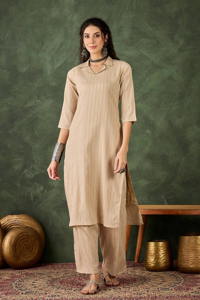 Cream Woven Cotton Blend Kurti Pant Set (ACA5456)