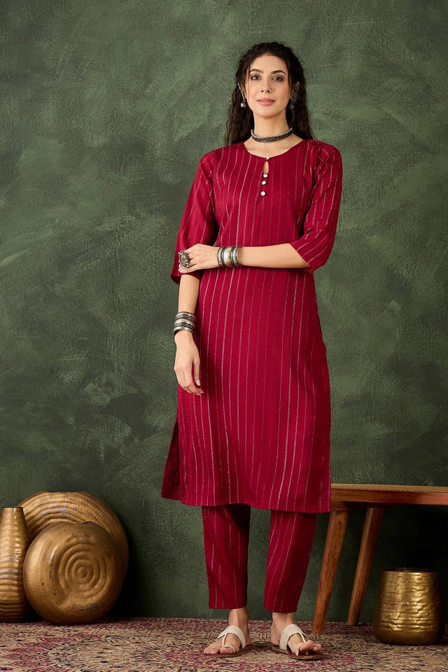Maroon Woven Cotton Blend Kurti Pant Set (ACA5458)