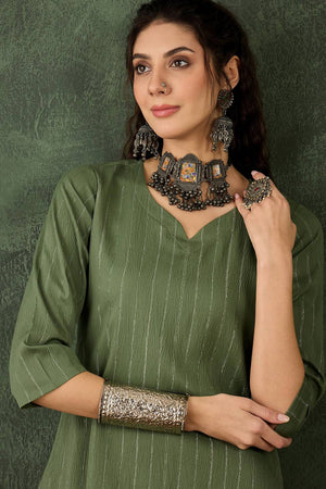 Green Woven Cotton Blend Kurti Pant Set (ACA5459)