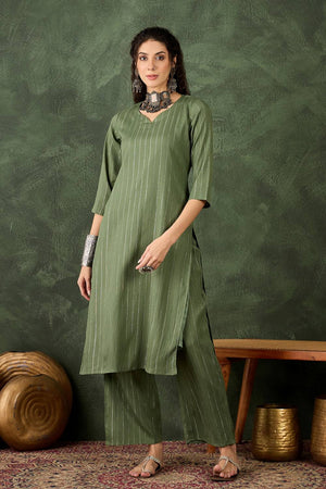 Green Woven Cotton Blend Kurti Pant Set (ACA5459)