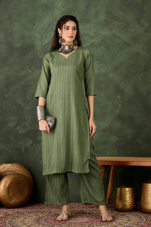 Green Woven Cotton Blend Kurti Pant Set (ACA5459)