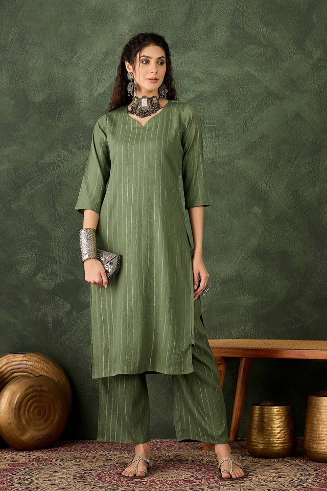 Green Woven Cotton Blend Kurti Pant Set (ACA5459)