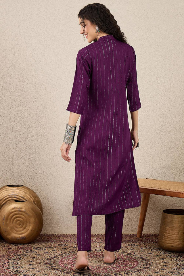 Purple Woven Cotton Blend Kurti Pant Set (ACA5461)