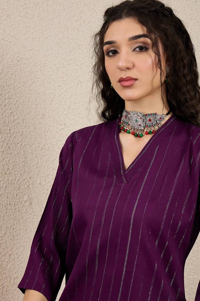 Purple Woven Cotton Blend Kurti Pant Set (ACA5461)