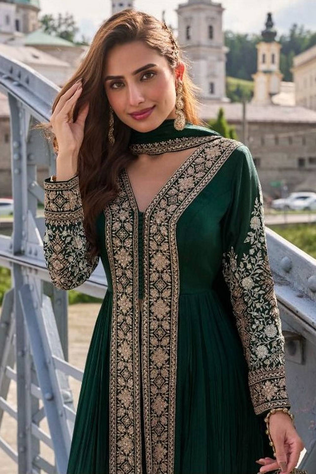 Free Size Stitched Green Sequin with Embroidered Chinon Palazzo Suits (ACA5470)