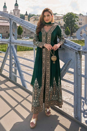 Free Size Stitched Green Sequin with Embroidered Chinon Palazzo Suits (ACA5470)