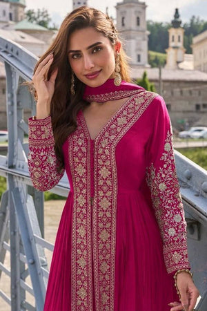 Free Size Stitched Pink Sequin with Embroidered Chinon Palazzo Suits (ACA5471)