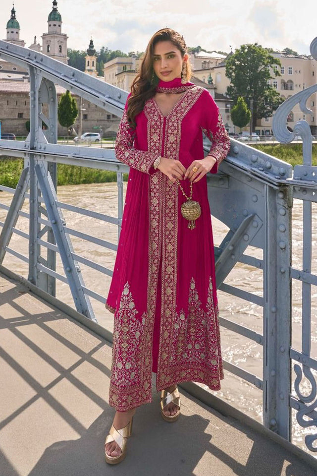 Free Size Stitched Pink Sequin with Embroidered Chinon Palazzo Suits (ACA5471)