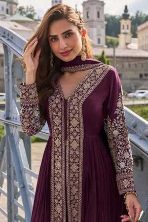 Free Size Stitched Magenta Sequin with Embroidered Chinon Palazzo Suits (ACA5472)