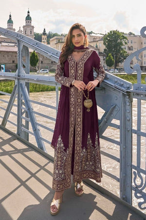 Free Size Stitched Magenta Sequin with Embroidered Chinon Palazzo Suits (ACA5472)