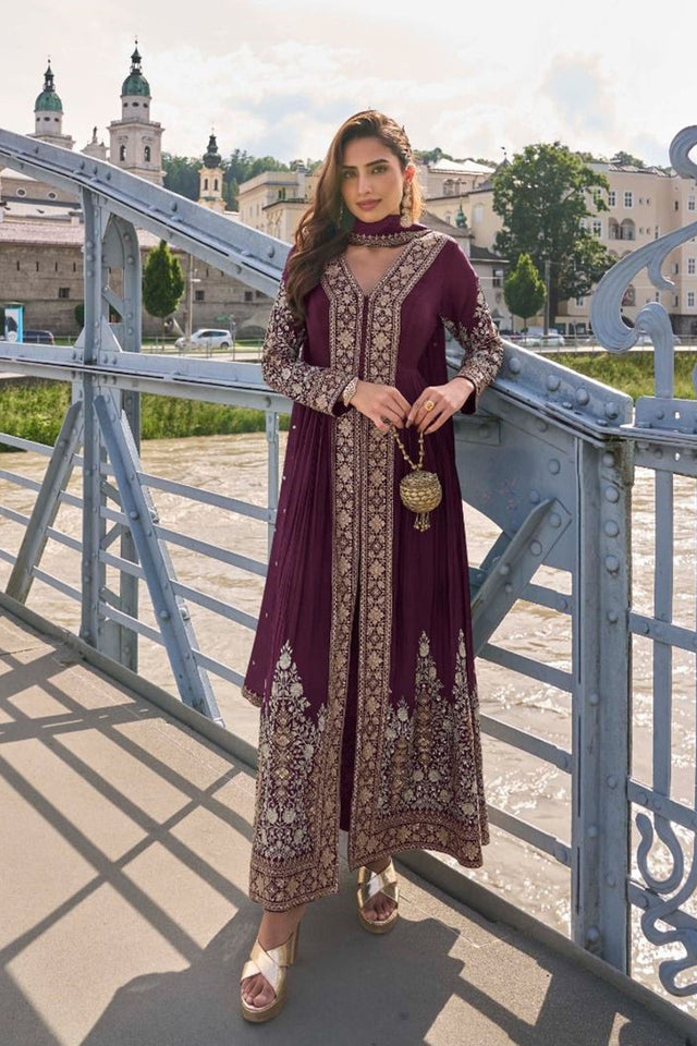 Free Size Stitched Magenta Sequin with Embroidered Chinon Palazzo Suits (ACA5472)