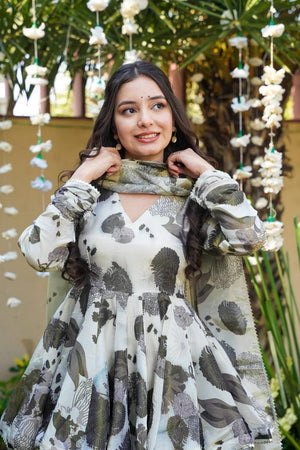 Off White Floral Printed Rayon Sharara Suits (ACA5485)