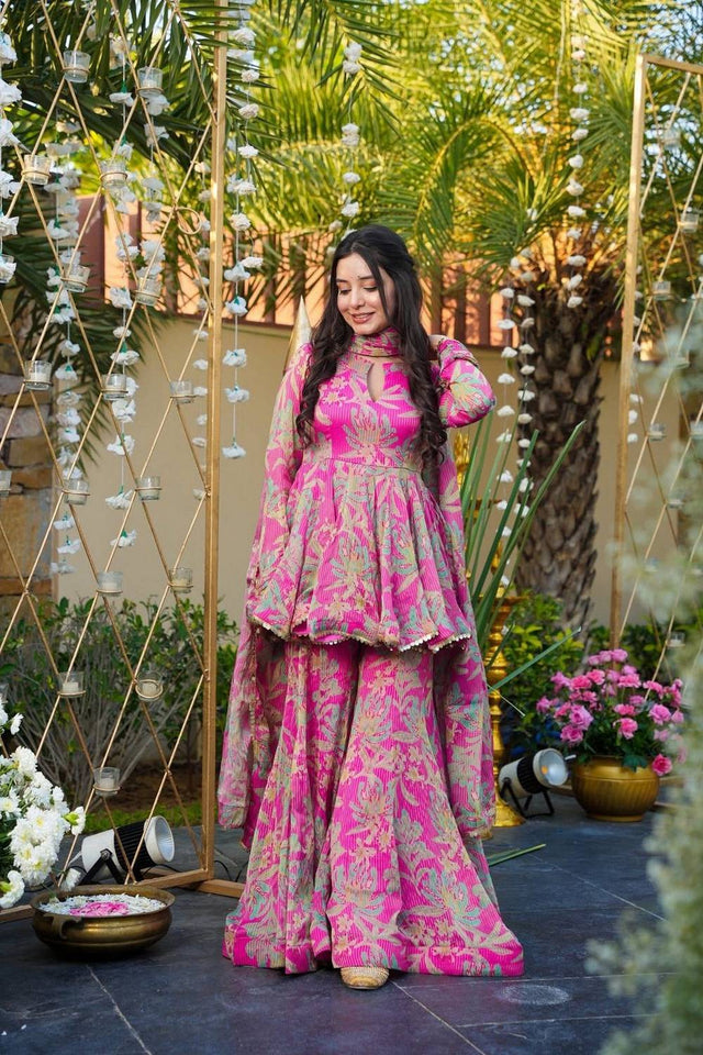Pink Floral Printed Rayon Sharara Suits (ACA5487)