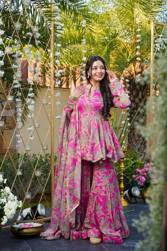 Pink Floral Printed Rayon Sharara Suits (ACA5487)