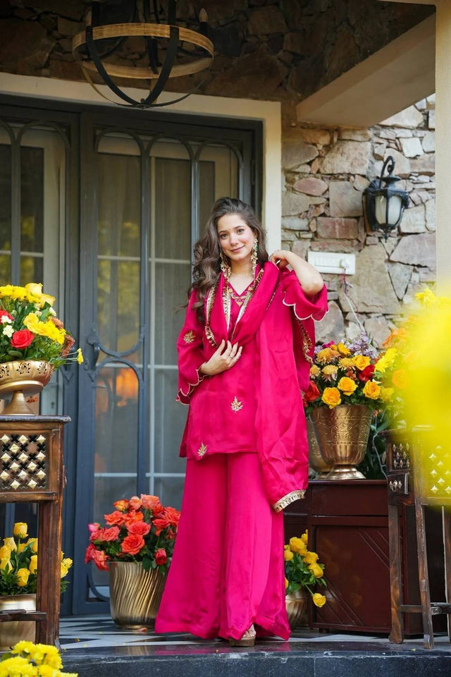 Pink Embroidered Silk Palazzo Suits (ACA5488)