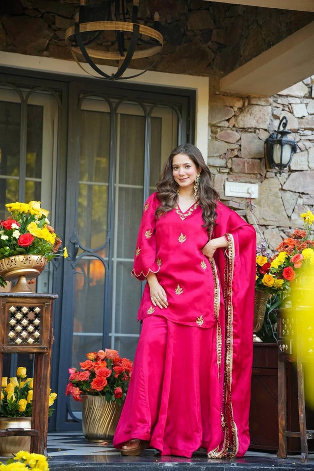 Pink Embroidered Silk Palazzo Suits (ACA5488)