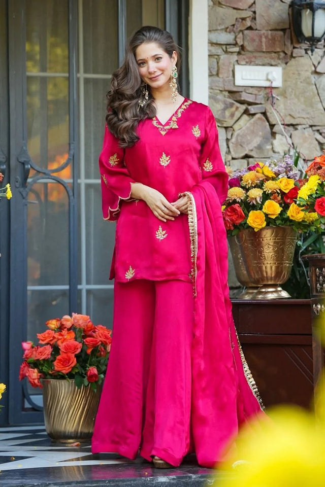 Pink Embroidered Silk Palazzo Suits (ACA5488)