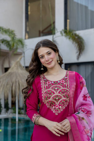 Magenta Sequin with Embroidered Chanderi Kurti Pant Set (ACA5489)