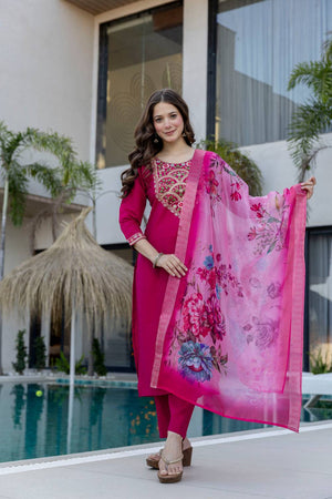 Magenta Sequin with Embroidered Chanderi Kurti Pant Set (ACA5489)