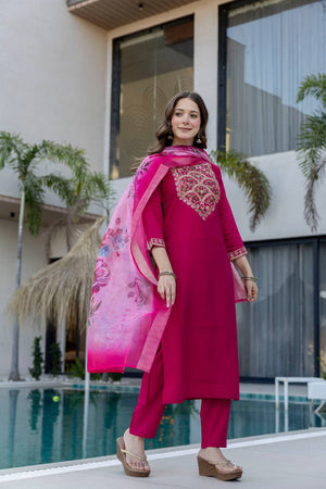 Magenta Sequin with Embroidered Chanderi Kurti Pant Set (ACA5489)