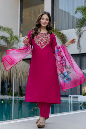 Magenta Sequin with Embroidered Chanderi Kurti Pant Set (ACA5489)