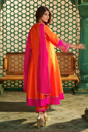 Orange Floral Embroidered Chanderi Kurti Pant Set (ACA5490)
