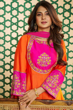 Orange Floral Embroidered Chanderi Kurti Pant Set (ACA5490)