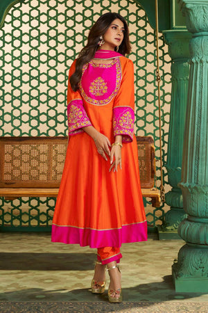 Orange Floral Embroidered Chanderi Kurti Pant Set (ACA5490)