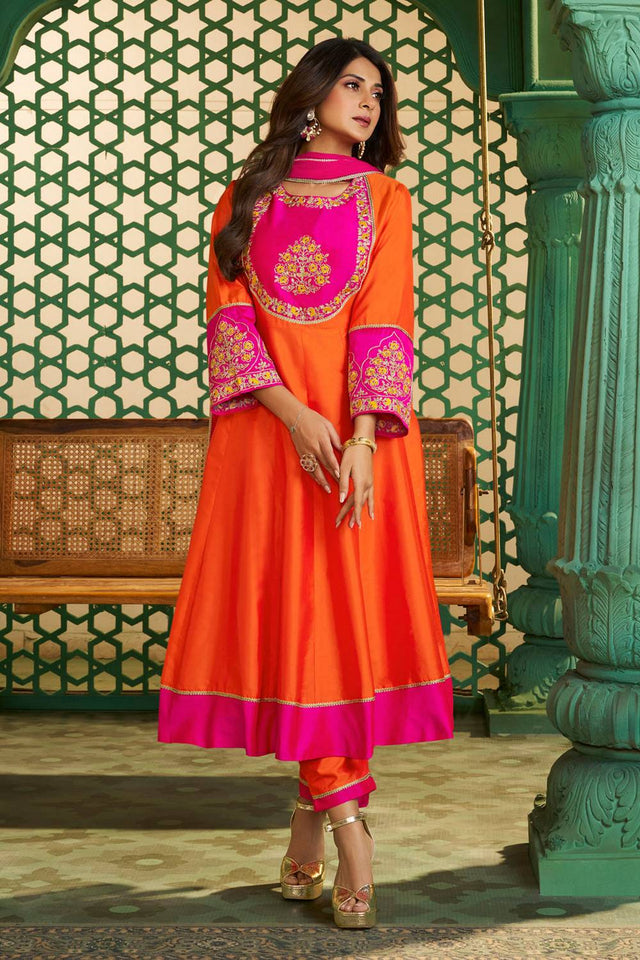 Orange Floral Embroidered Chanderi Kurti Pant Set (ACA5490)