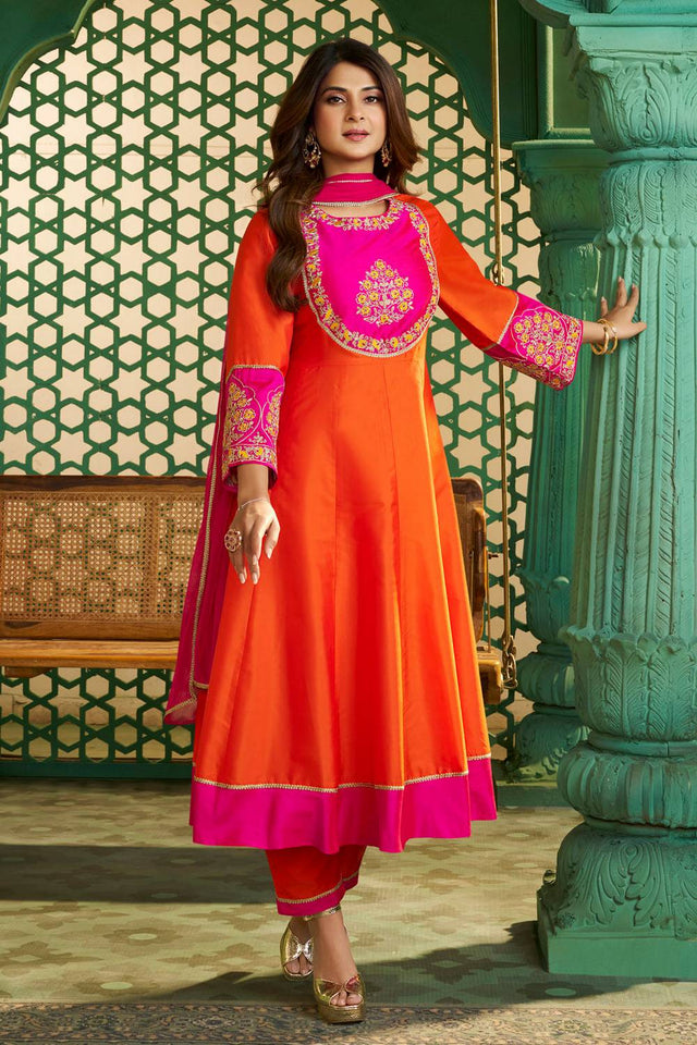 Orange Floral Embroidered Chanderi Kurti Pant Set (ACA5490)