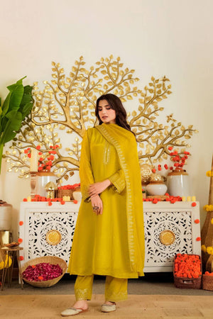 Mustard Embroidered Satin Kurti Pant Set (ACA5493)