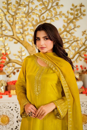 Mustard Embroidered Satin Kurti Pant Set (ACA5493)