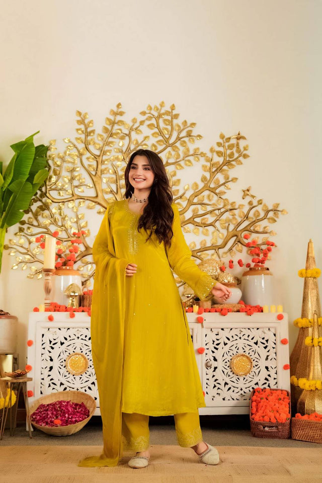 Mustard Embroidered Satin Kurti Pant Set (ACA5493)