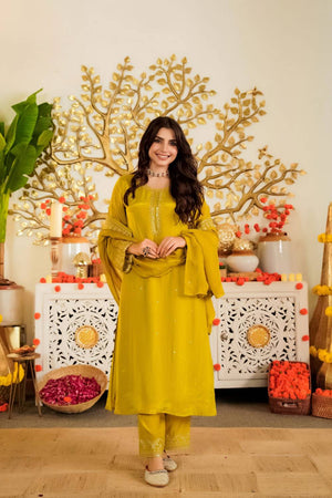 Mustard Embroidered Satin Kurti Pant Set (ACA5493)
