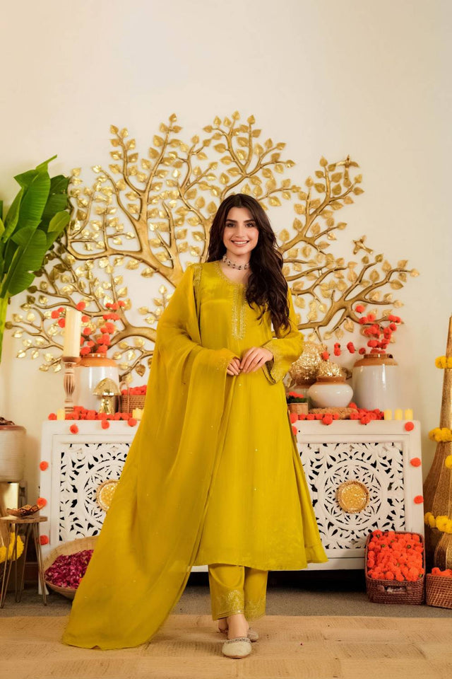 Mustard Embroidered Satin Kurti Pant Set (ACA5493)