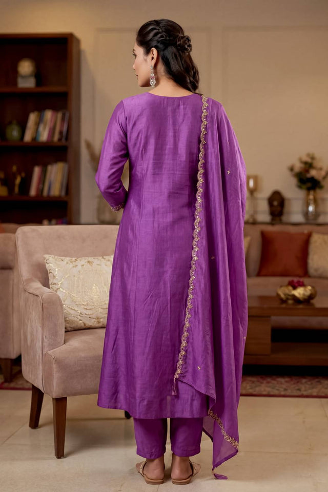 Purple Floral Embroidered Silk Anarkali Suits (ACA5494)