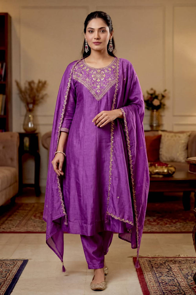 Purple Floral Embroidered Silk Anarkali Suits (ACA5494)