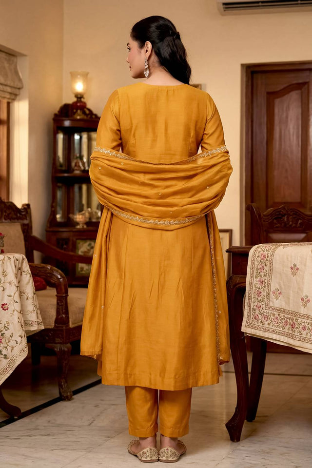 Mustard Floral Embroidered Silk Anarkali Suits (ACA5495)