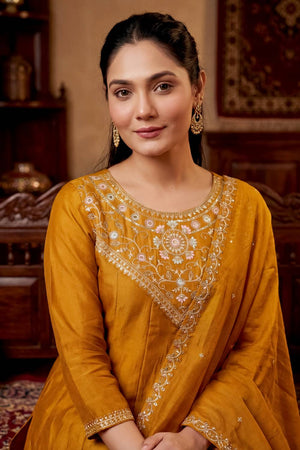 Mustard Floral Embroidered Silk Anarkali Suits (ACA5495)