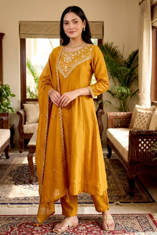 Mustard Floral Embroidered Silk Anarkali Suits (ACA5495)