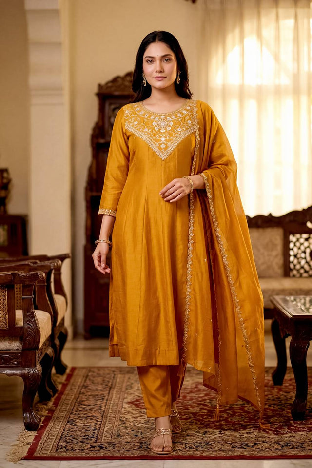 Mustard Floral Embroidered Silk Anarkali Suits (ACA5495)