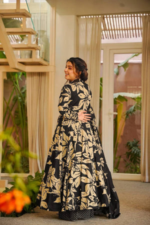 Black Floral Printed Muslin Palazzo Suits (ACA5506)