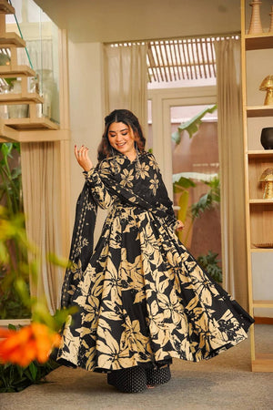 Black Floral Printed Muslin Palazzo Suits (ACA5506)