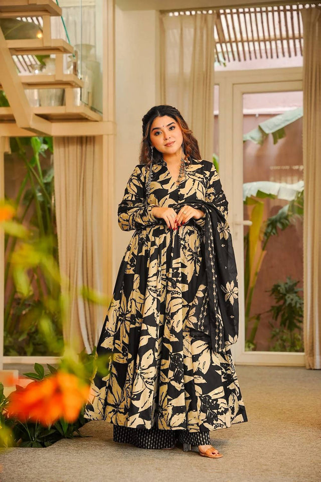 Black Floral Printed Muslin Palazzo Suits (ACA5506)
