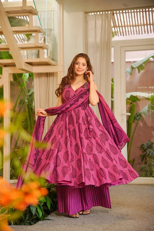 Pink Printed Muslin Palazzo Suits (ACA5507)