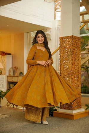 Mustard Printed Muslin Palazzo Suits (ACA5508)