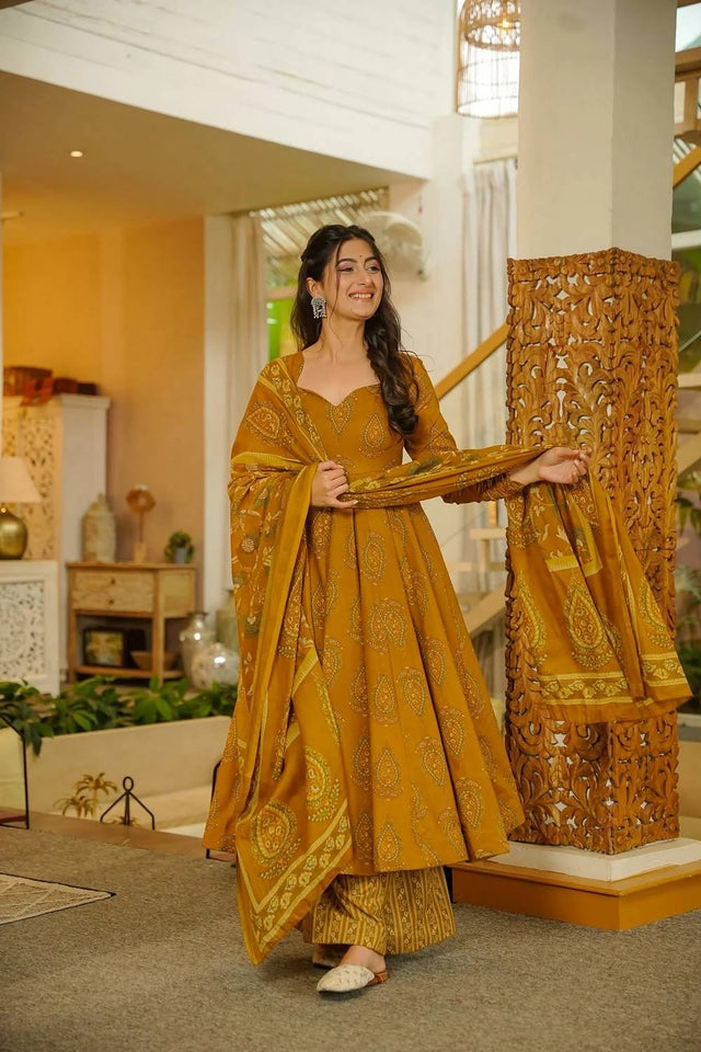Mustard Printed Muslin Palazzo Suits (ACA5508)