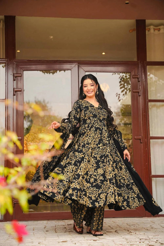 Black Printed Muslin Palazzo Suits (ACA5509)