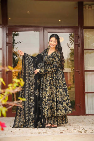 Black Printed Muslin Palazzo Suits (ACA5509)